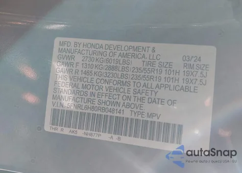 2024 Honda Odyssey Touring from USA, damaged, VIN 5FNRL6H80RB048141